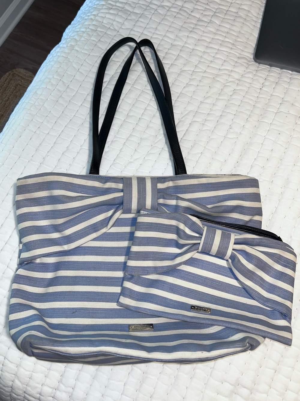 Kate Spade "on purpose" sailing stripe bow canvas tote with matching wristlet